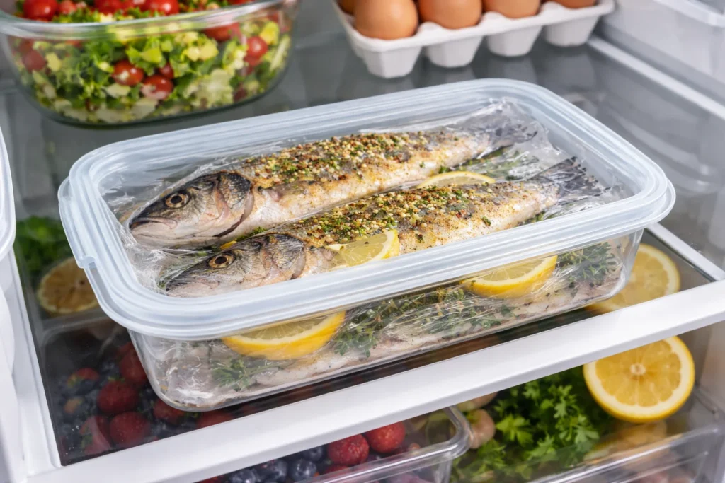 Leftover branzino fish stored in an airtight container.