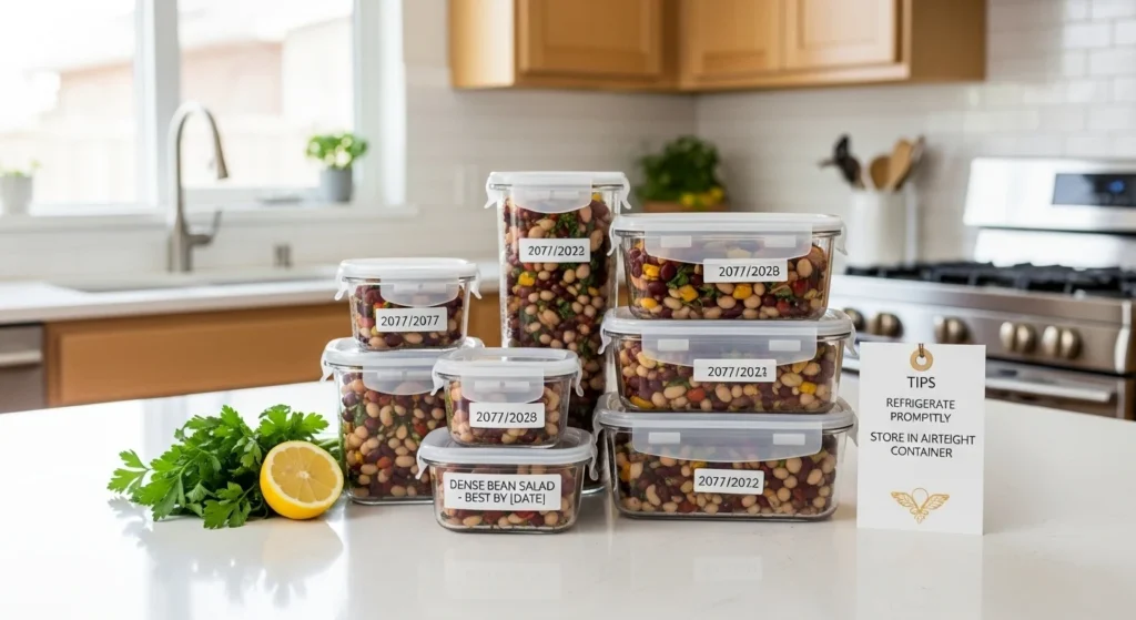 Storing tips for Dense Bean Salad leftovers.