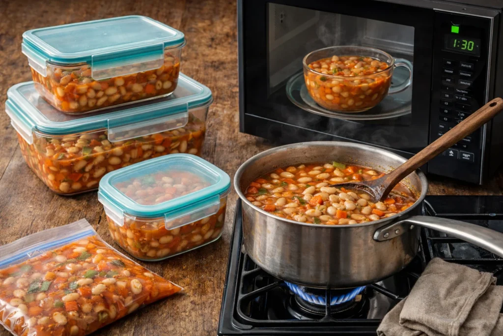Storage and reheating tips for leftover white bean stew.