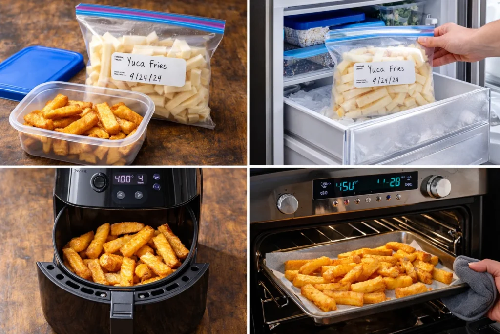 Storage and reheating methods for yuca fries.