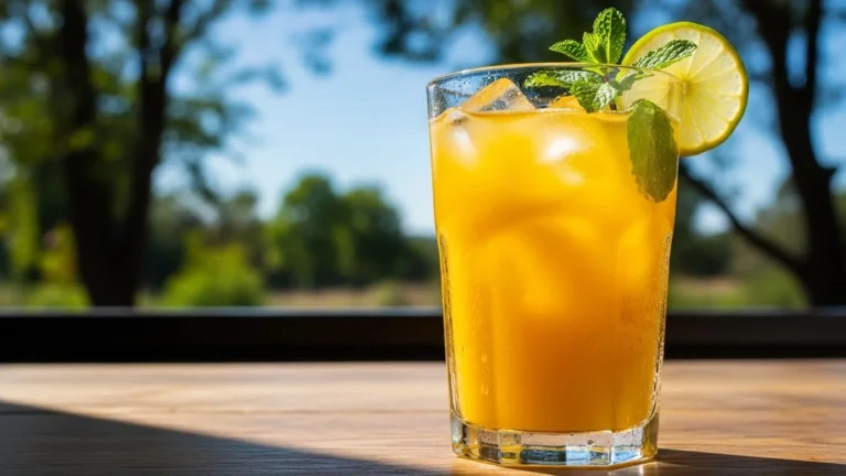 A refreshing glass of mango juice with ice and garnishes.