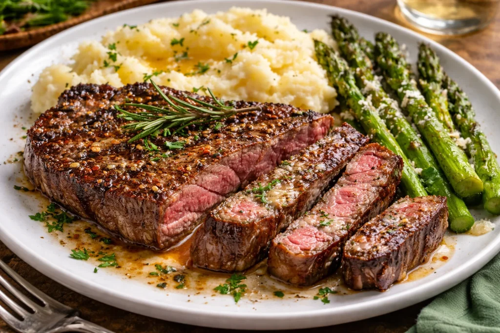 A plated chuck eye steak garnished with herbs, served with mashed potatoes and grilled asparagus.