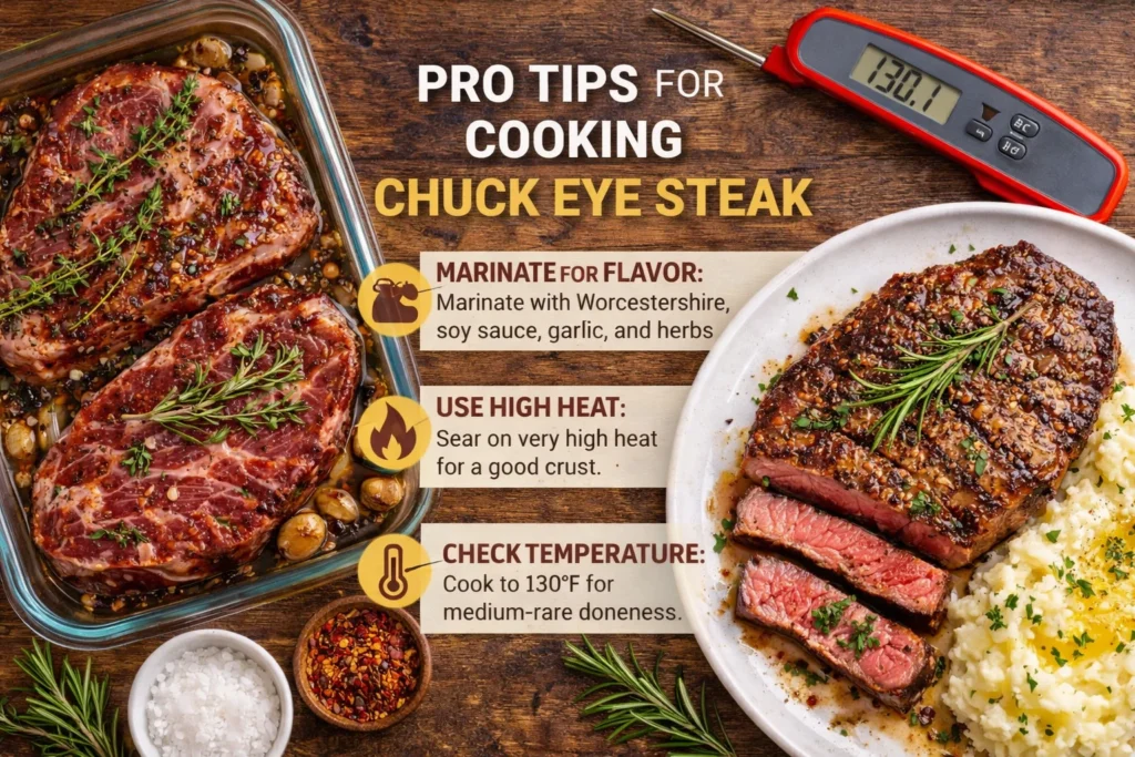 Pro tips for cooking chuck eye steak, including a meat thermometer and marinated steak.