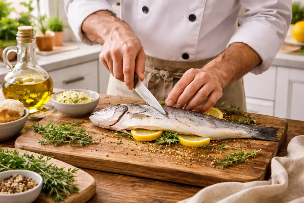 A chef demonstrating pro tips for preparing branzino fish.
