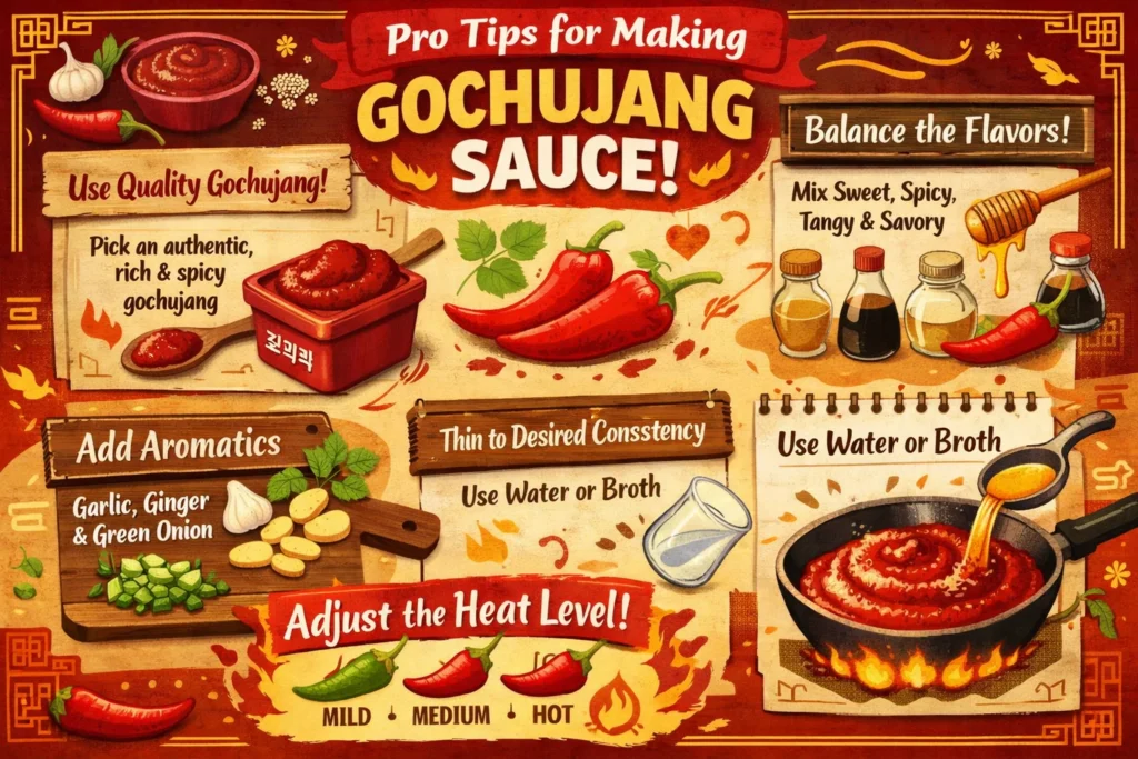 Pro tips for making gochujang sauce displayed visually.