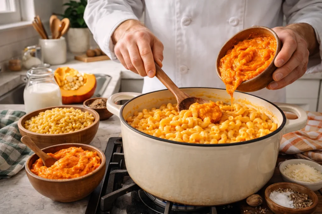 A chef preparing Pumpkin Mac and Cheese in a bright kitchen.