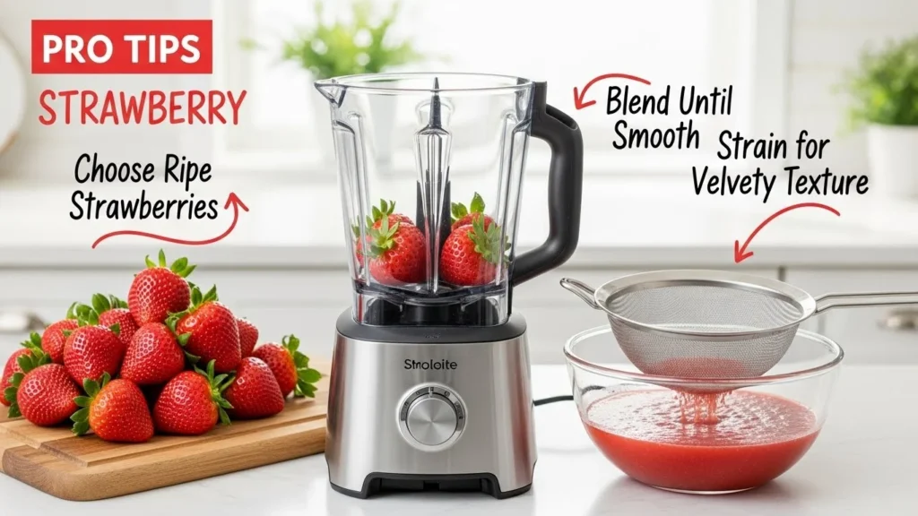 Pro tips for making strawberry puree, including ripe strawberries and blending tools.