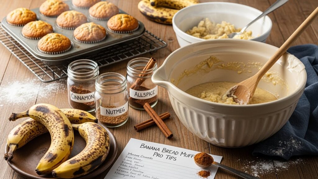 Pro tips for making banana bread muffins displayed with ingredients and tools.