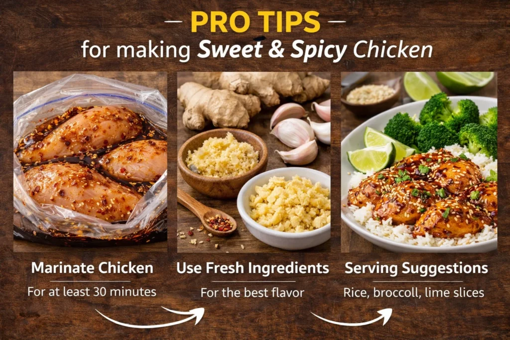 Pro tips for making Sweet and Spicy Chicken, including marinating and serving suggestions.