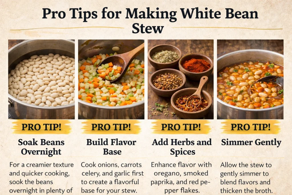 Pro tips for making white bean stew displayed with ingredients and cooking methods.