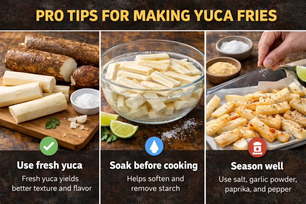 Pro tips for making the best yuca fries, including soaking and seasoning.