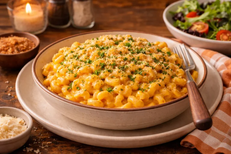 A bowl of Pumpkin Mac and Cheese garnished with breadcrumbs and parsley.