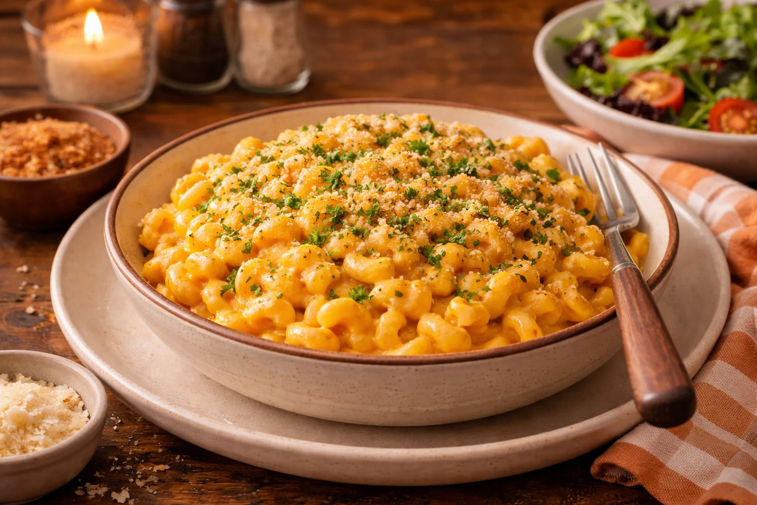 A bowl of Pumpkin Mac and Cheese garnished with breadcrumbs and parsley.