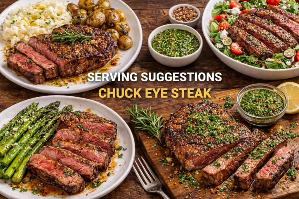 Serving suggestions for chuck eye steak with various sides and garnishes.