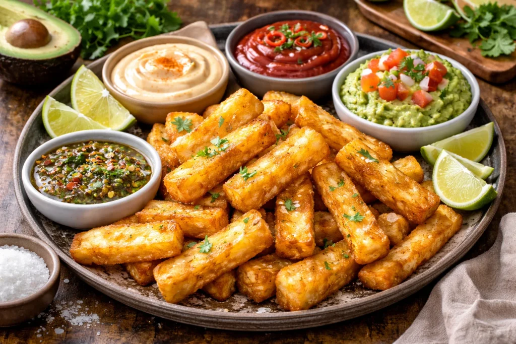 Yuca fries served with various dips and garnishes.