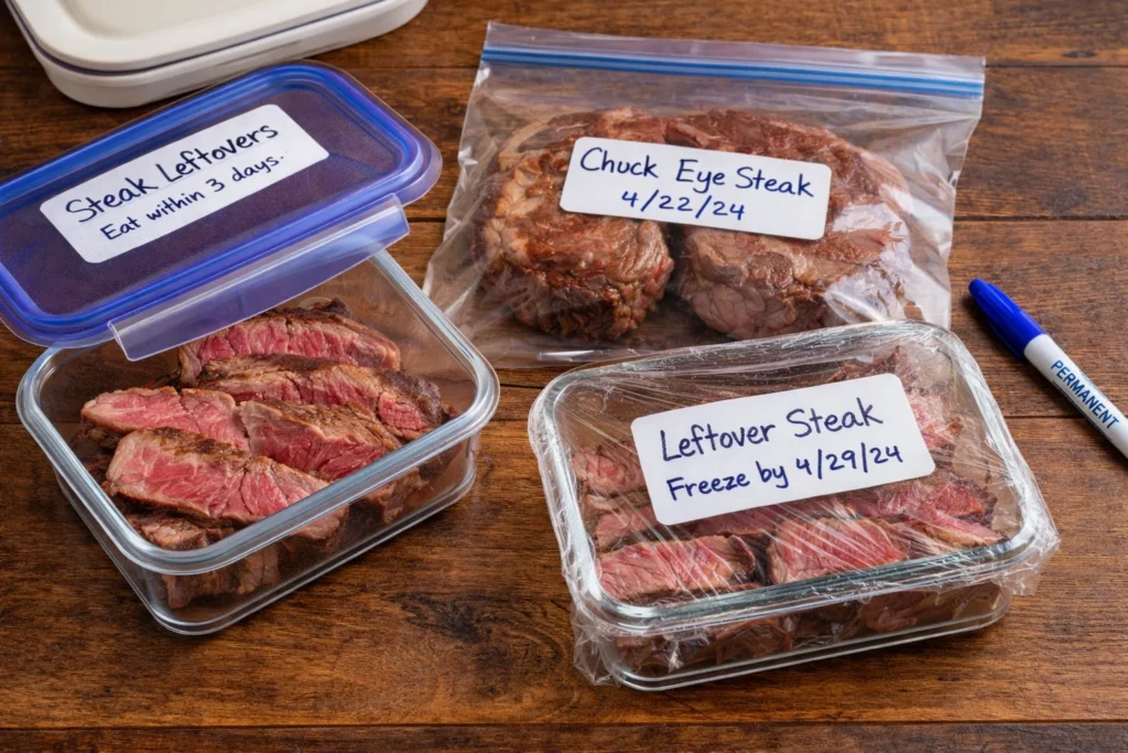 Proper storage methods for leftover chuck eye steak in airtight containers.