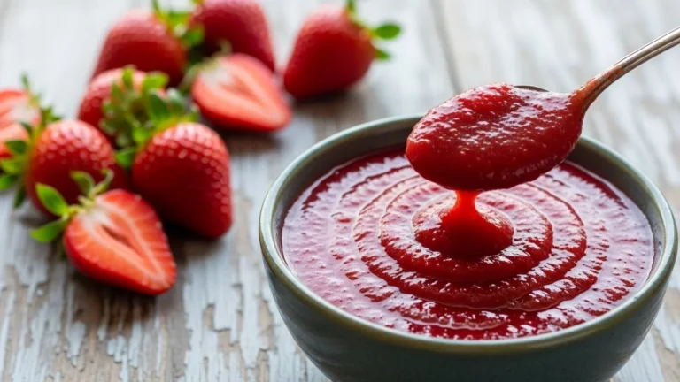 A bowl of smooth strawberry puree with fresh strawberries around it.