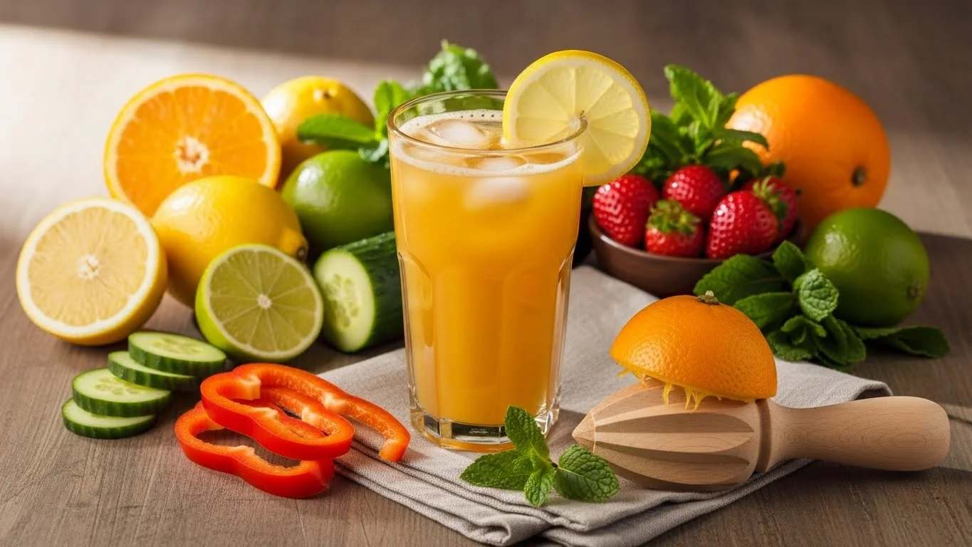 A refreshing glass of juice made without a blender, surrounded by fresh fruits.