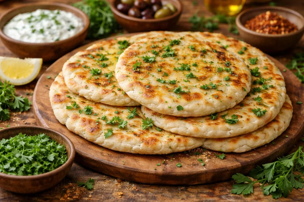 Delicious cottage cheese flatbread served with herbs and dips.