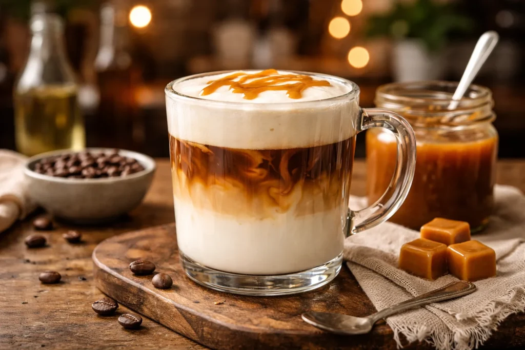 A beautifully layered caramel macchiato in a clear glass, highlighting the espresso, milk, and caramel layers.