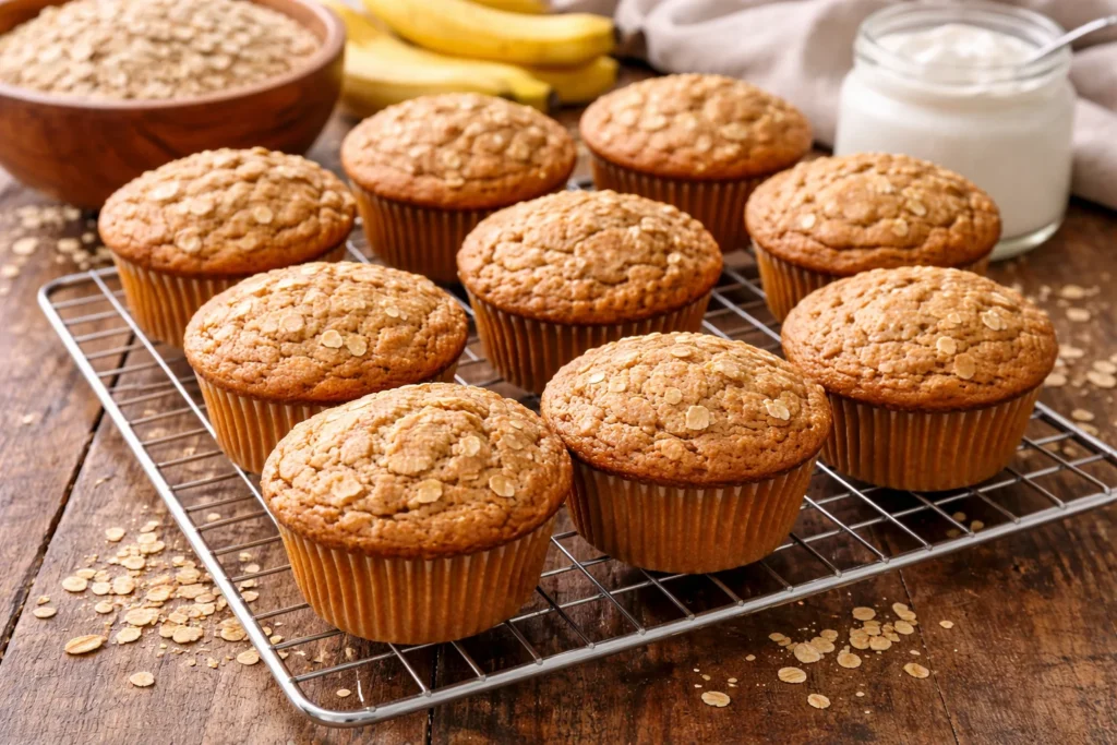 Freshly baked protein muffins cooling on a rack.