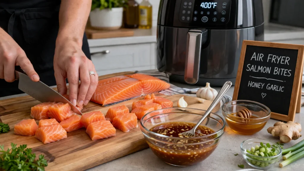Preparation of air fryer salmon bites with honey garlic, showing salmon being cut and honey garlic sauce being mixed.