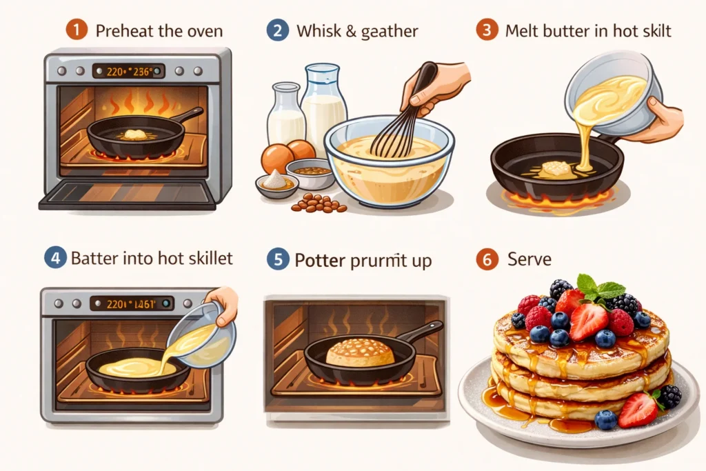 Step-by-step process of making German pancakes, including ingredients and cooking steps.