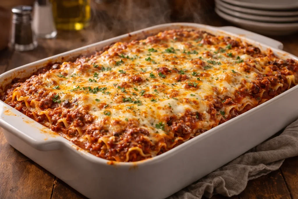 A delicious lazy lasagna in a baking dish, with layers of cheese and sauce visible.