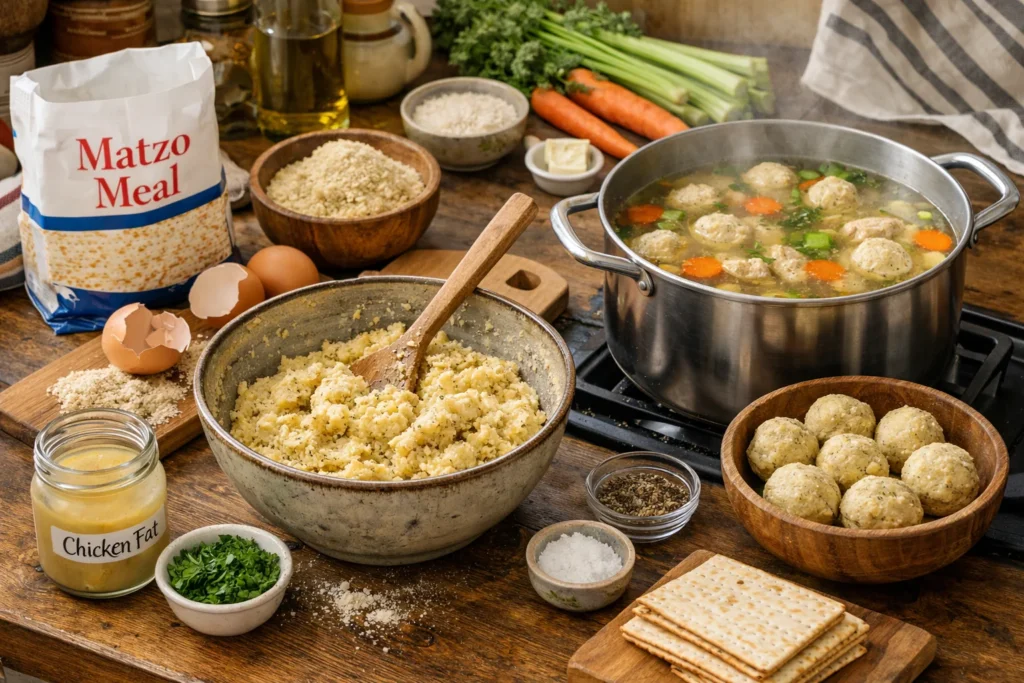 Ingredients and preparation steps for making matzo ball soup, including matzo meal, eggs, and broth.