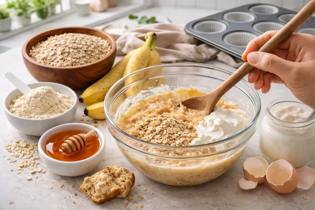 A step-by-step guide to making protein muffins with ingredients laid out on a kitchen counter.