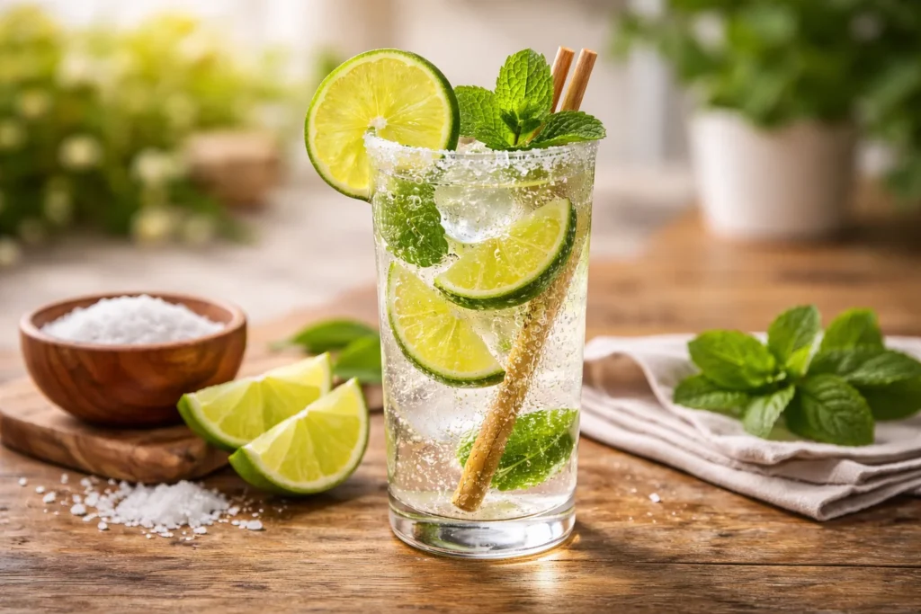 A refreshing Ranch Water mocktail in a tall glass with ice, lime juice, and garnished with a lime wedge and mint leaves.
