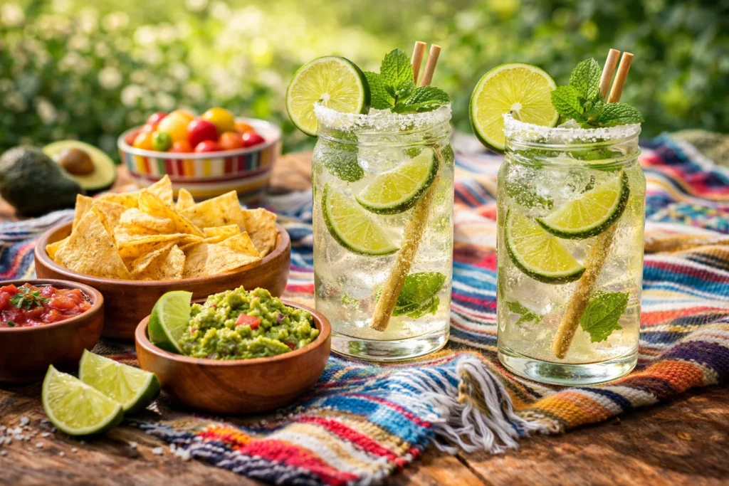 Ranch Water mocktail served in mason jars with snacks like tortilla chips and guacamole.