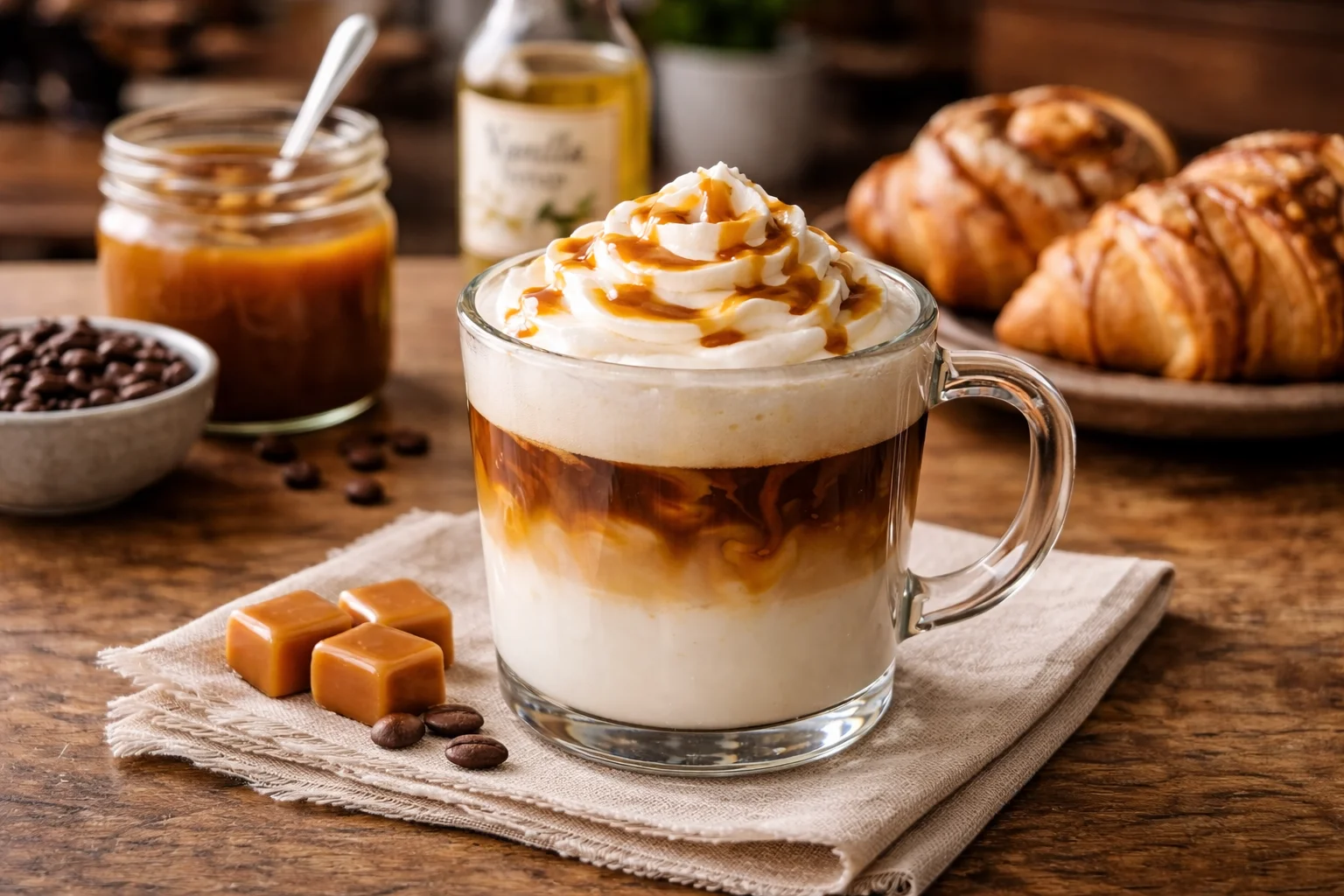 Caramel macchiato served with whipped cream and pastries.