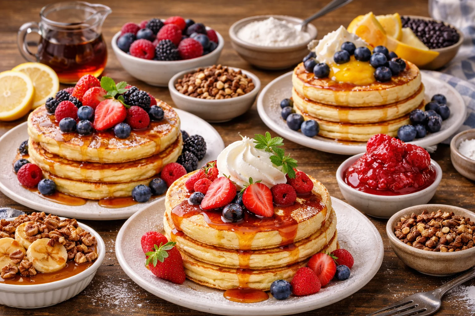 Different serving suggestions for German pancakes with various toppings.