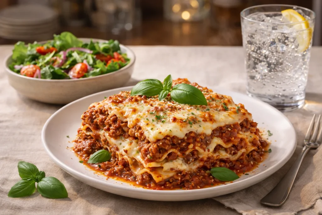 Lazy lasagna served with a fresh salad and sparkling water.