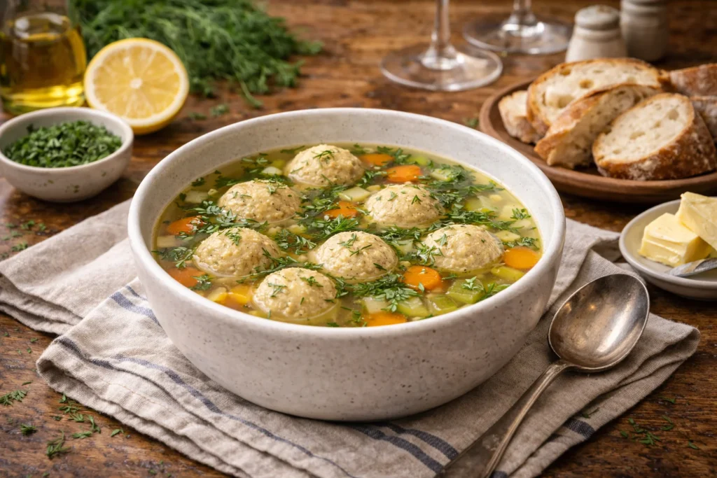 Serving suggestions for matzo ball soup, including garnishes and side dishes.