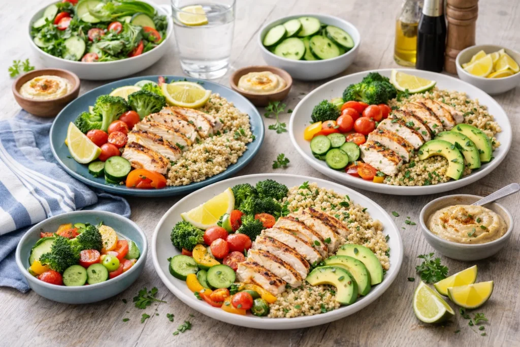 Creative serving ideas for meal prep for weight loss, including colorful plates with garnishes and healthy sides.