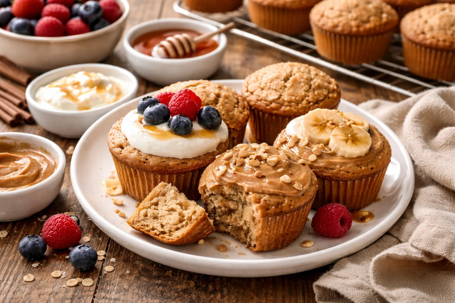 Different serving suggestions for protein muffins.
