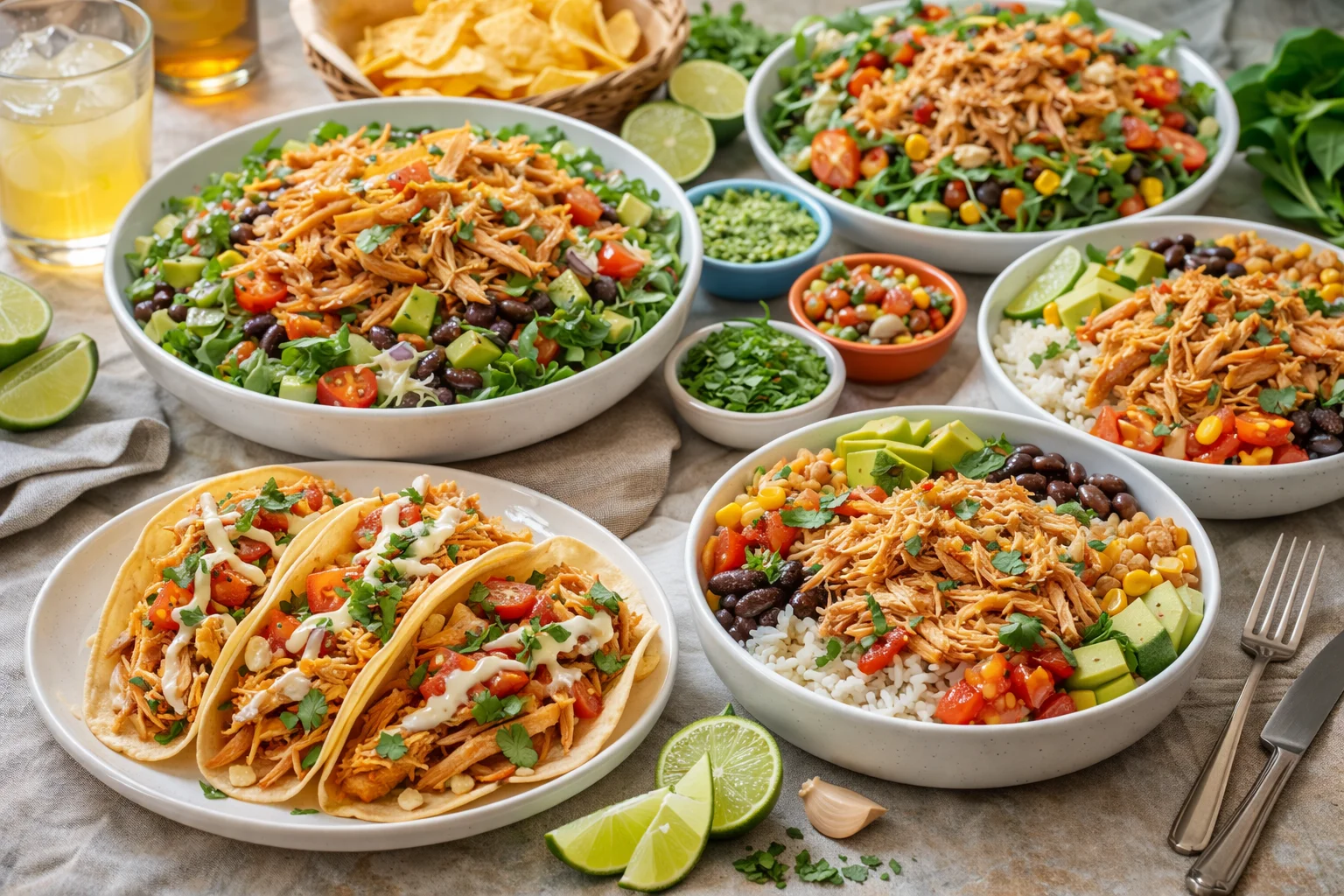 Different serving ideas for shredded chicken, including tacos and salads.