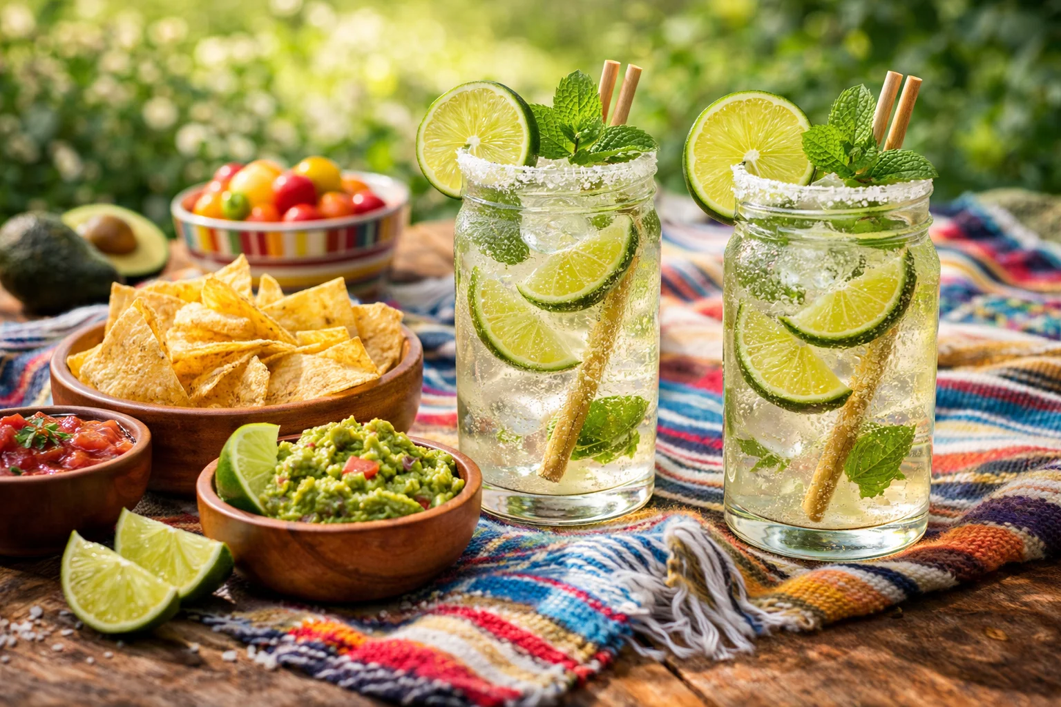 Ranch Water mocktail served in mason jars with snacks like tortilla chips and guacamole.