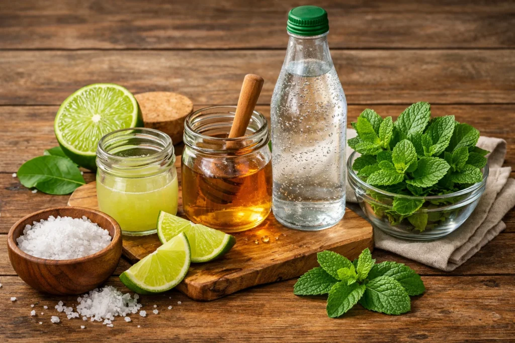 Ingredients for Ranch Water mocktail including fresh lime juice, agave syrup, sparkling water, salt, and mint leaves.