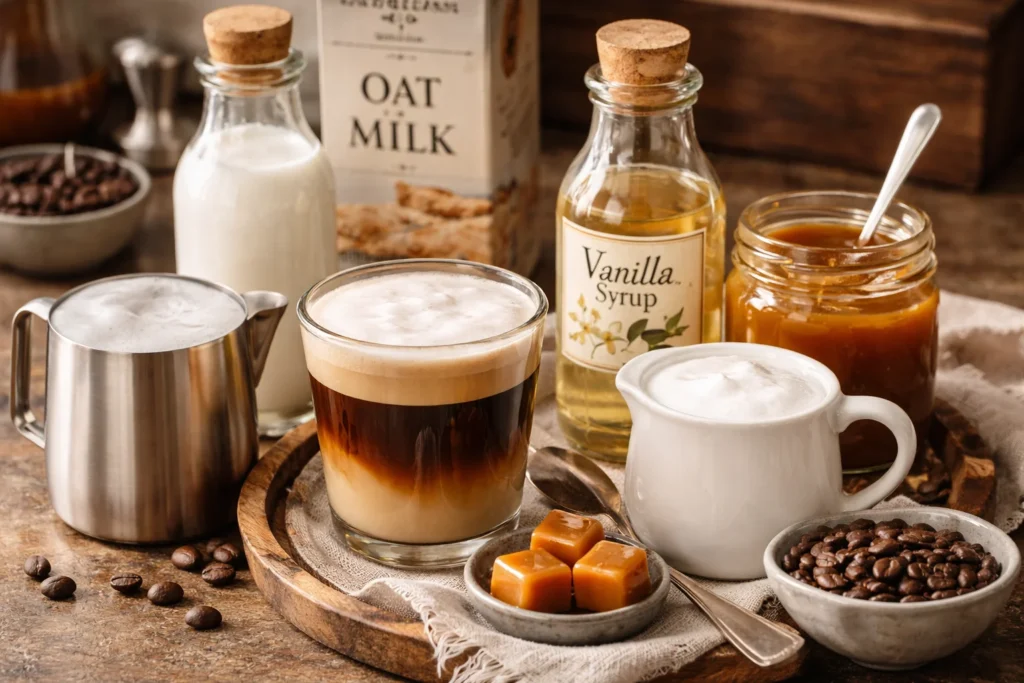 Ingredients for making caramel macchiato, including espresso, steamed milk, and caramel sauce.