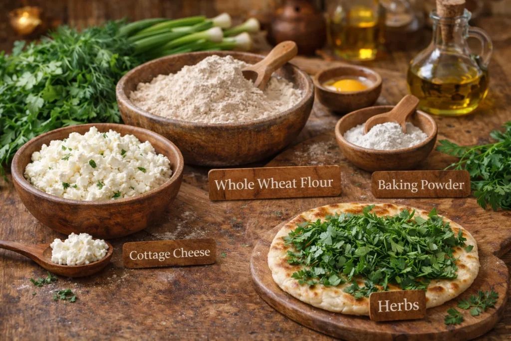 Ingredients for cottage cheese flatbread displayed on a kitchen counter.