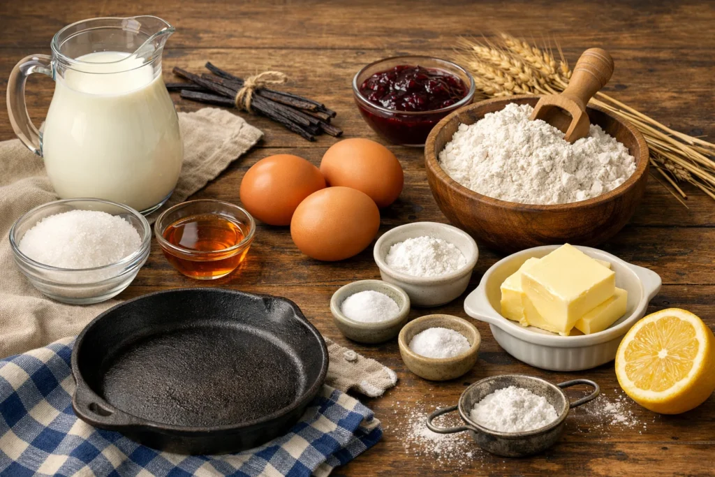 Ingredients for German pancakes laid out on a kitchen counter.
