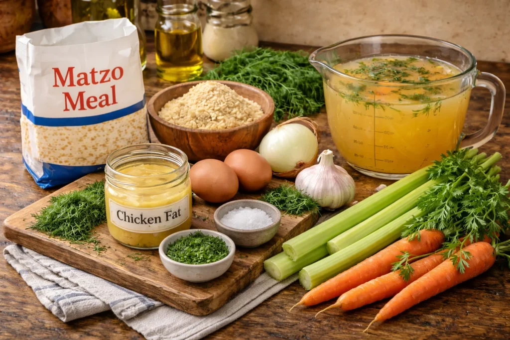 Ingredients for matzo ball soup displayed on a kitchen counter, including matzo meal, eggs, and fresh vegetables.