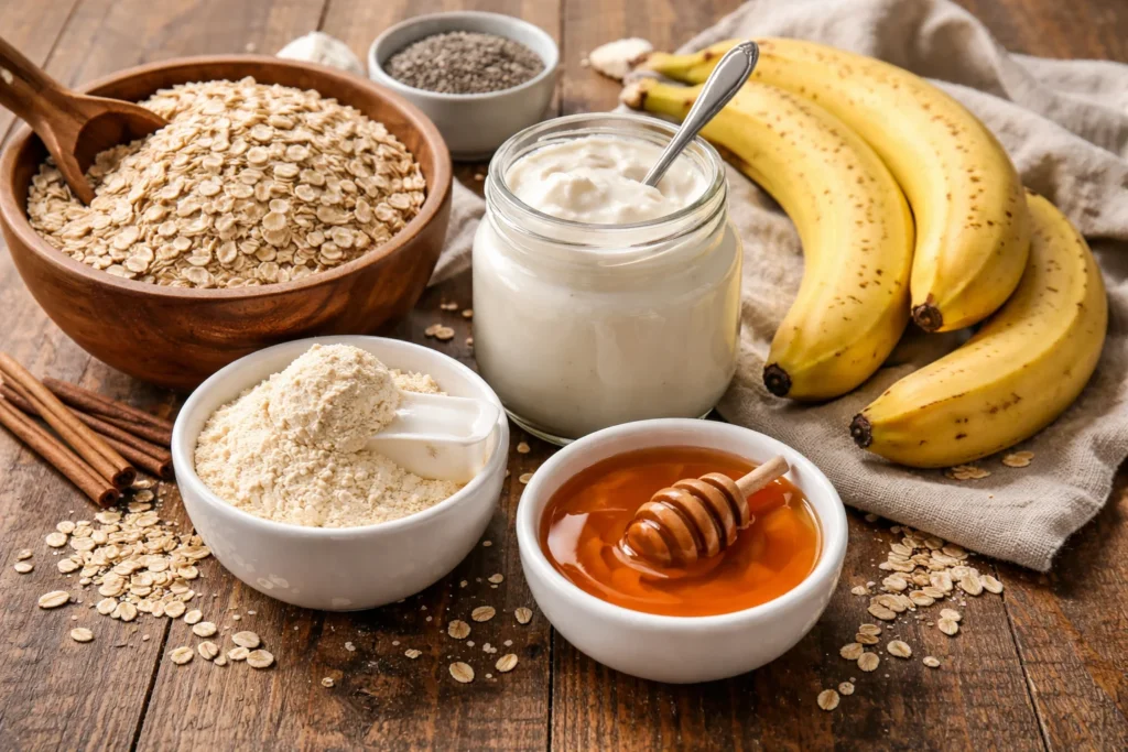 Ingredients for protein muffins displayed on a wooden table.