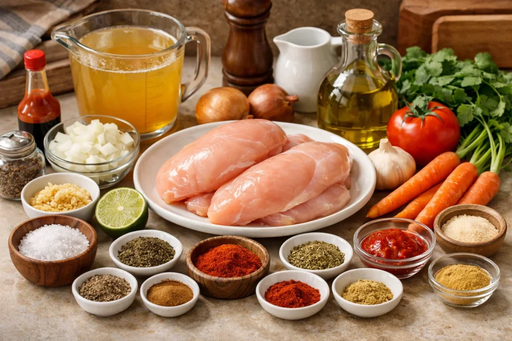 Ingredients for shredded chicken recipes including chicken breasts, broth, spices, and vegetables.