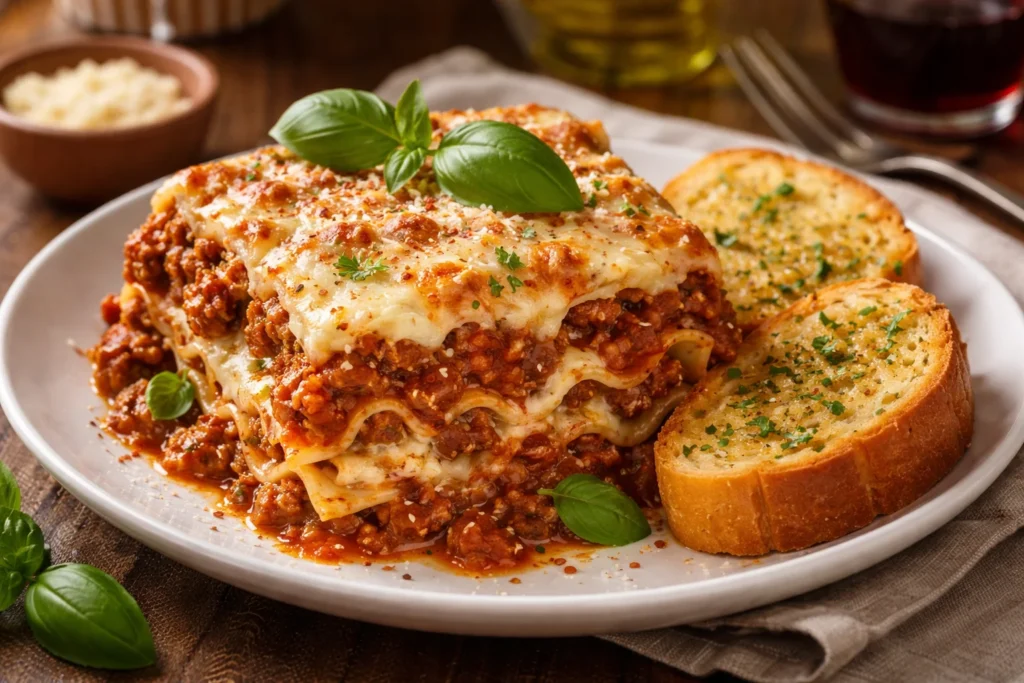 A slice of lazy lasagna served on a plate with garlic bread.