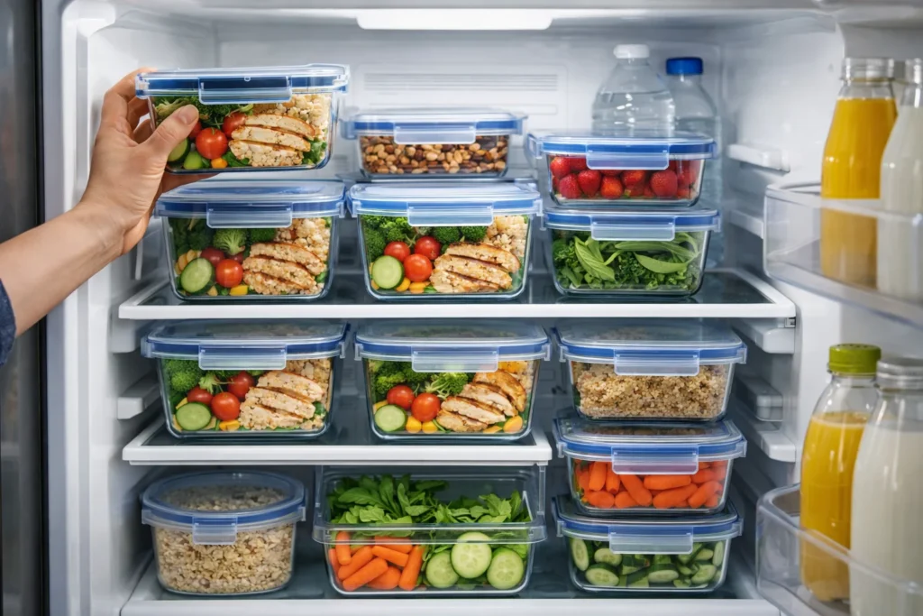 Proper storage techniques for meal prep, showcasing airtight containers and a well-organized refrigerator.