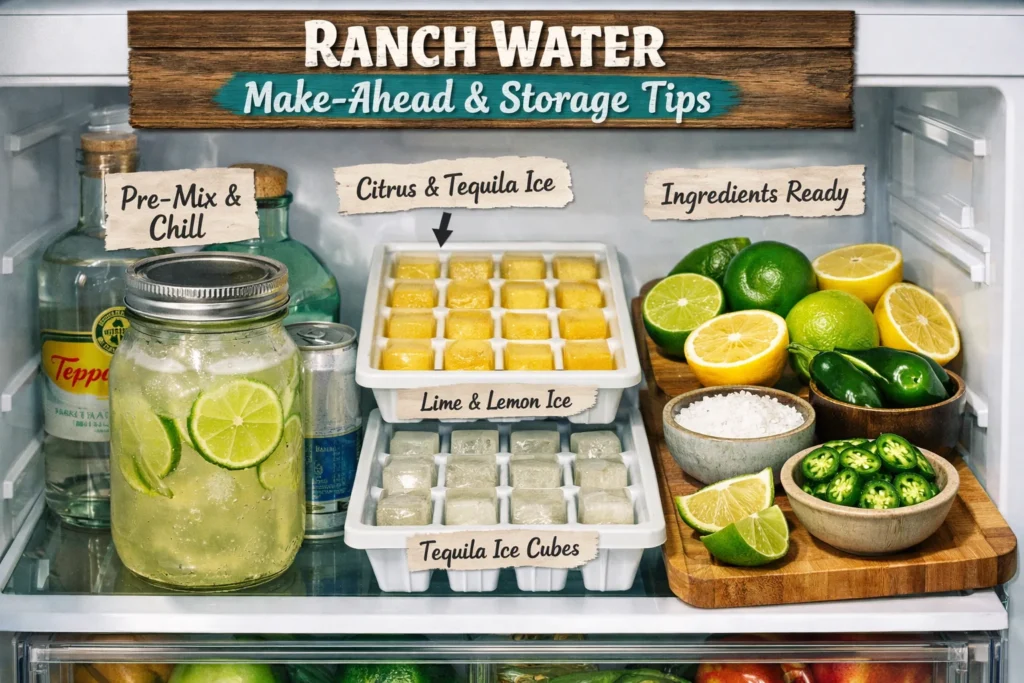 Storage tips for Ranch Water mocktail including airtight container and ice cube trays.